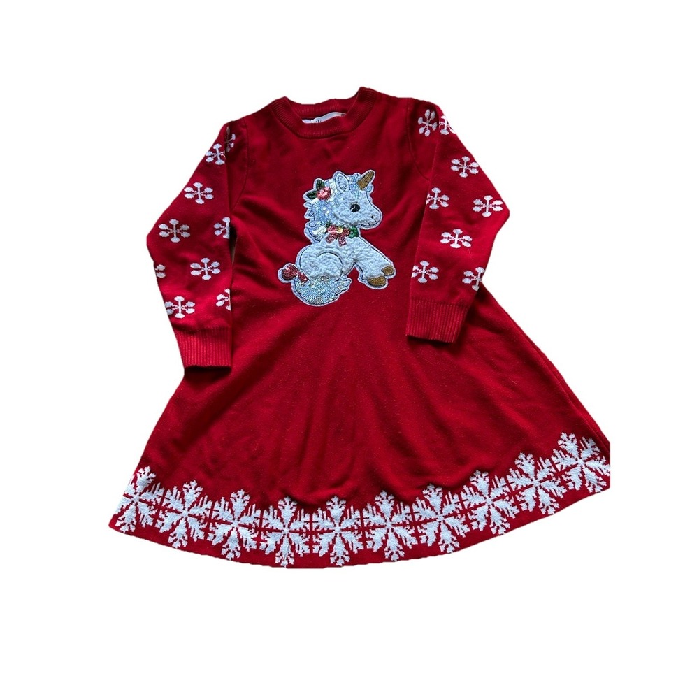 Girls Smiling Pinker Red Sweater Unicorn Snowflake Dress 130 Sm Long Sleeve
